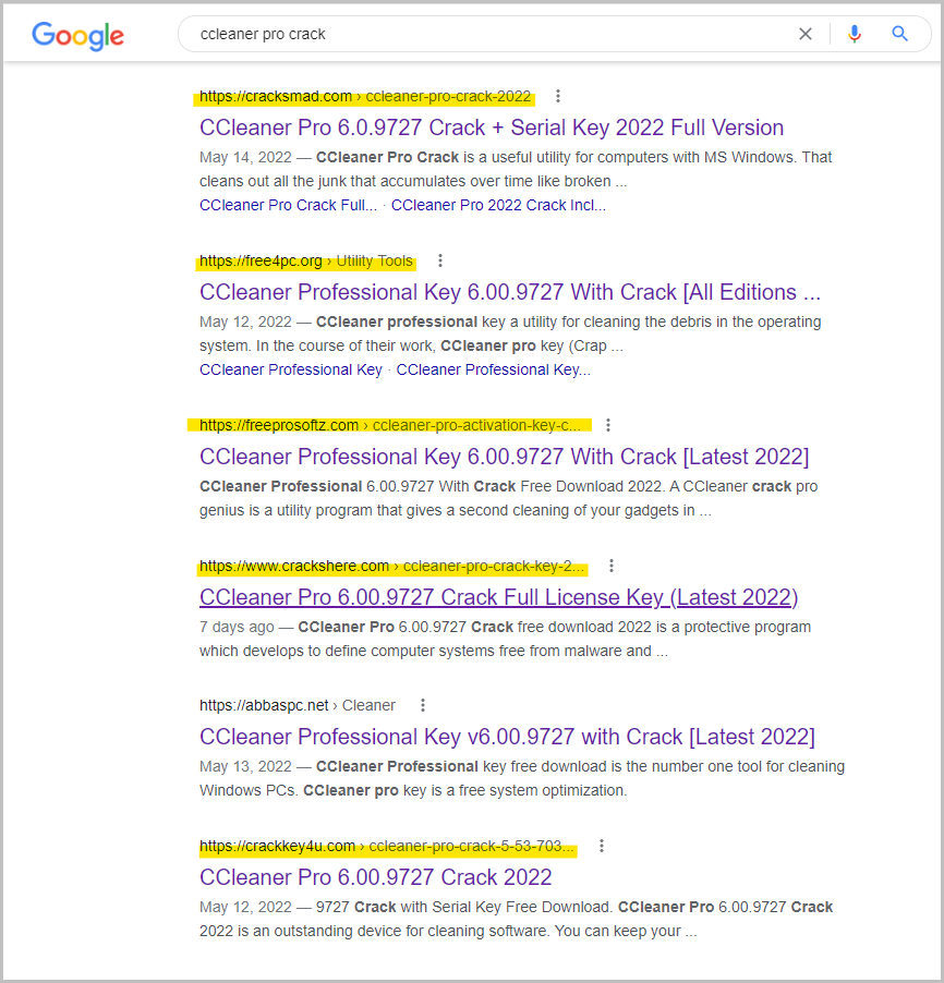 Google Search results pointing to malicious sites (Avast)
