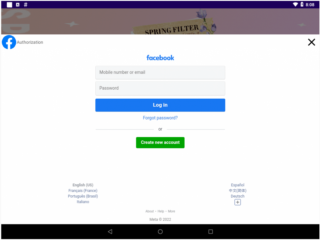 Facebook login supposedly needed for using the application (Zscaler)