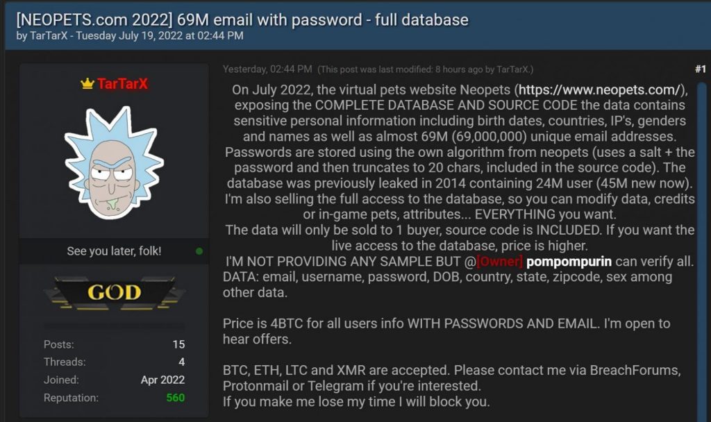 Neopets.com data sold on a hacking forum